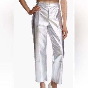AVEC LES FILLES NWOT Faux-ever Leather Wide Leg Cropped Trouser Silver Small